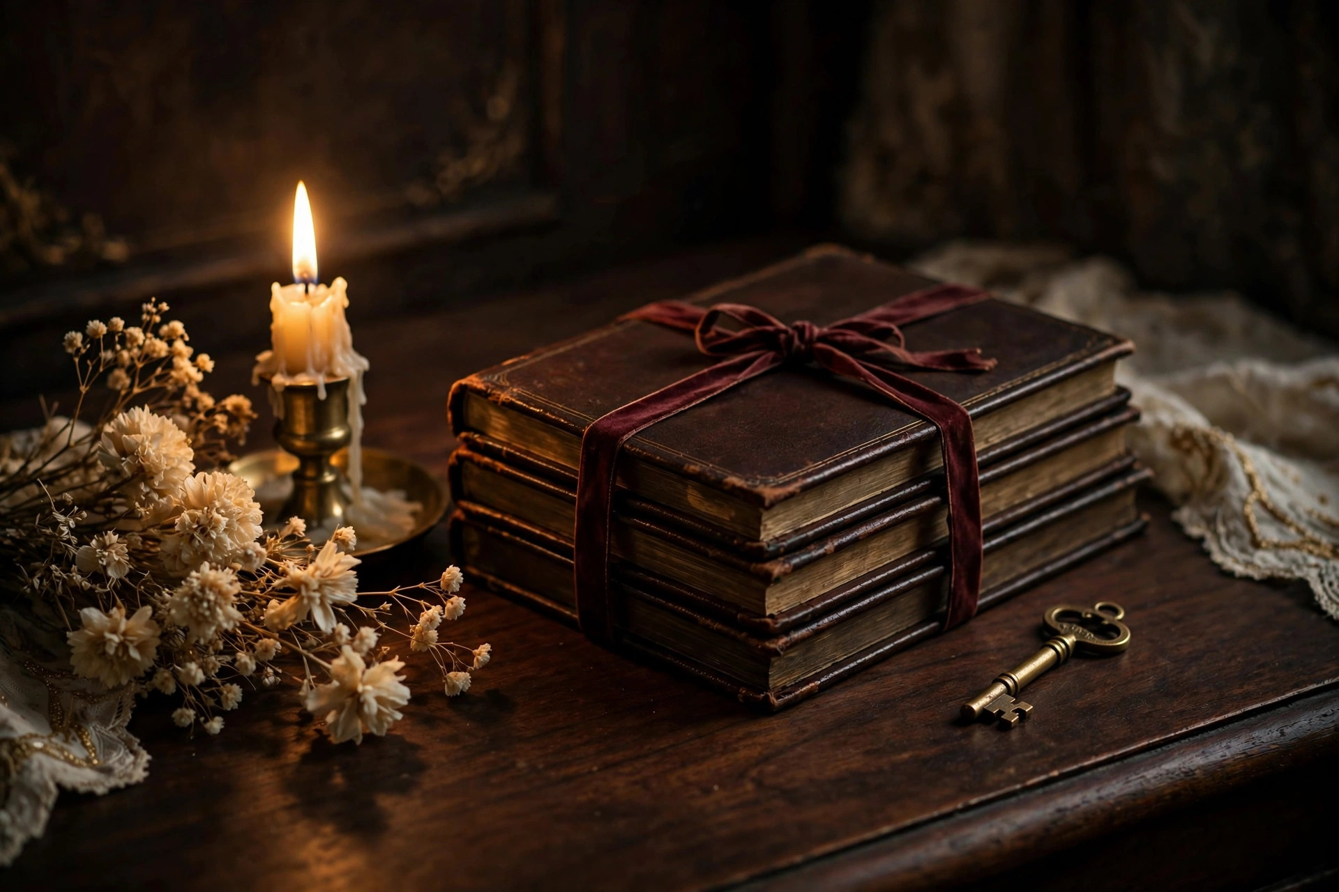 Ledgers tied with burgundy ribbon on a candlelit desk