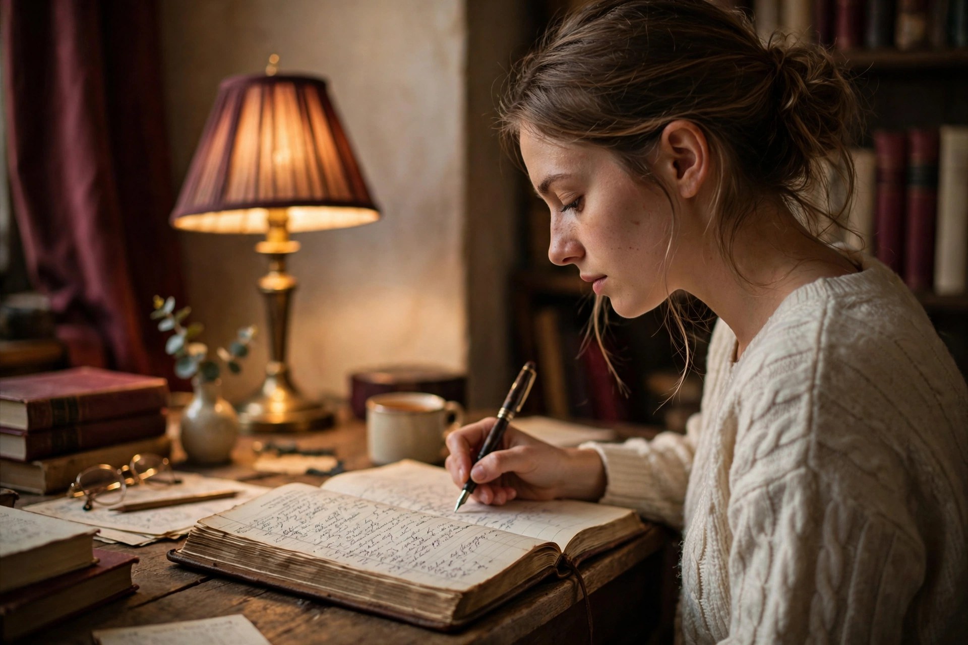 Lauren Woodruff writing in a ledger at her desk