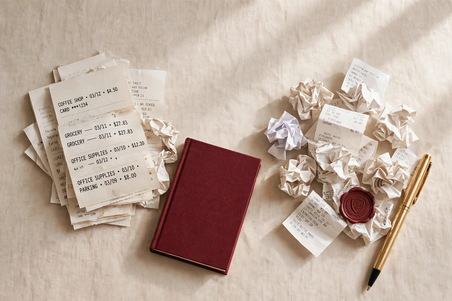 Scrunched receipts and papers piled beside a closed burgundy book with a gold pen