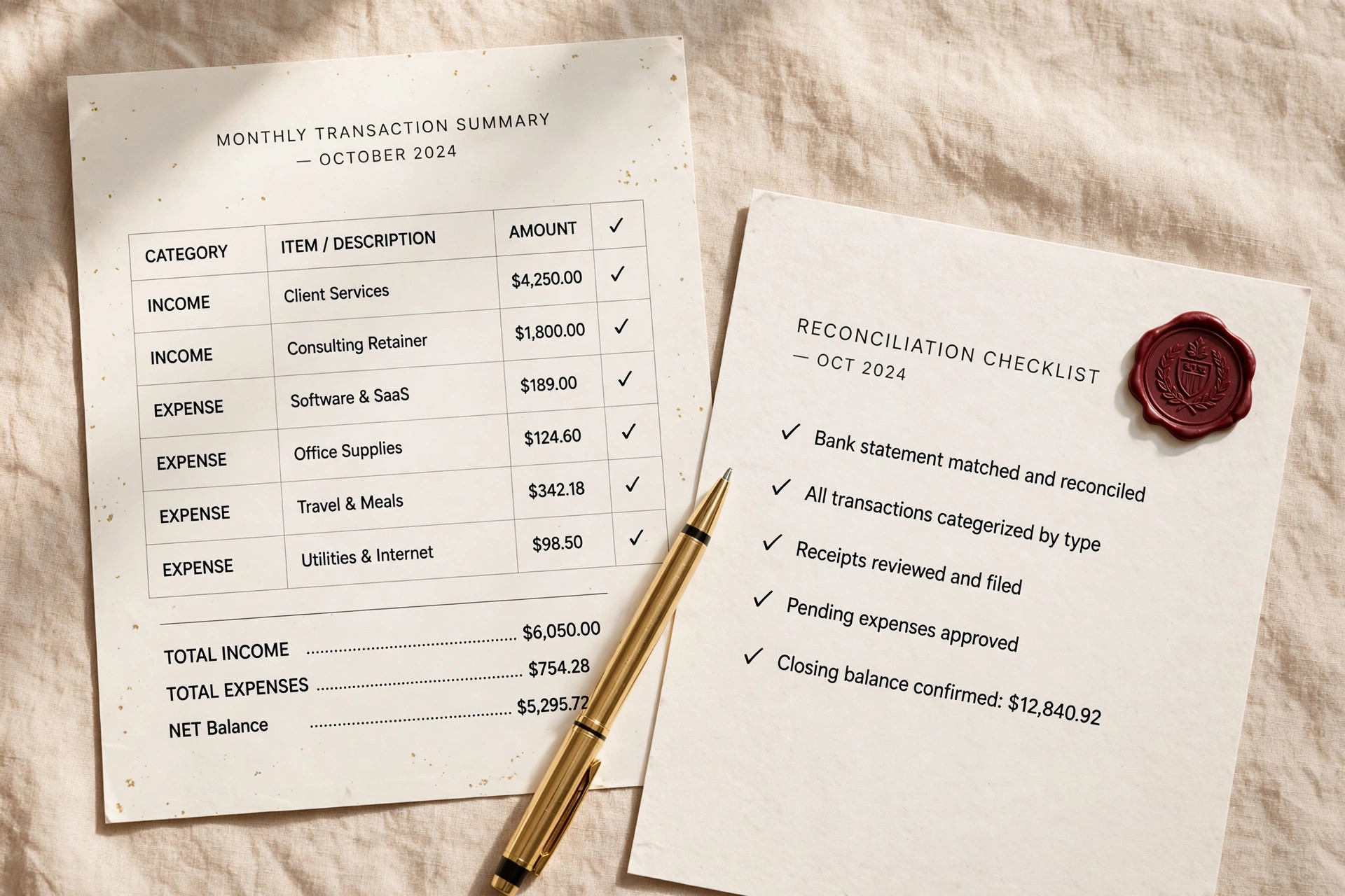Monthly transaction summary with categorized transactions and a reconciliation checklist