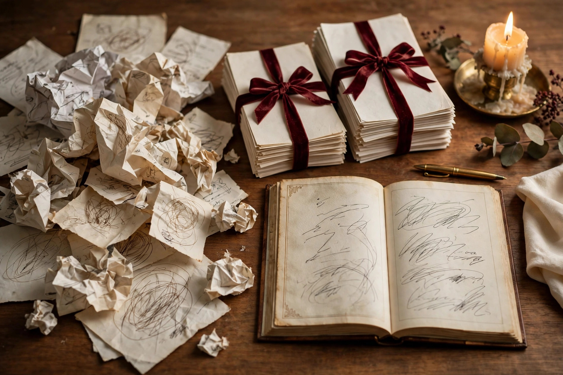 Papers sorted into neat ribbon-tied stacks beside an orderly ledger