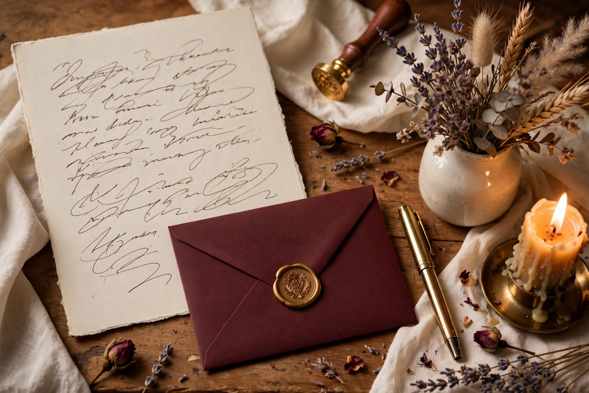 Handwritten letter and sealed burgundy envelope with gold wax seal on a writing desk
