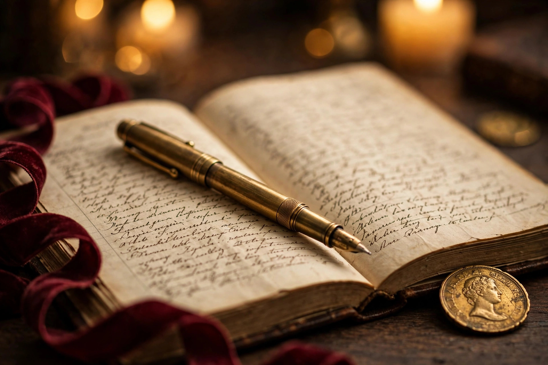 Brass fountain pen resting on an open ledger page in warm candlelight
