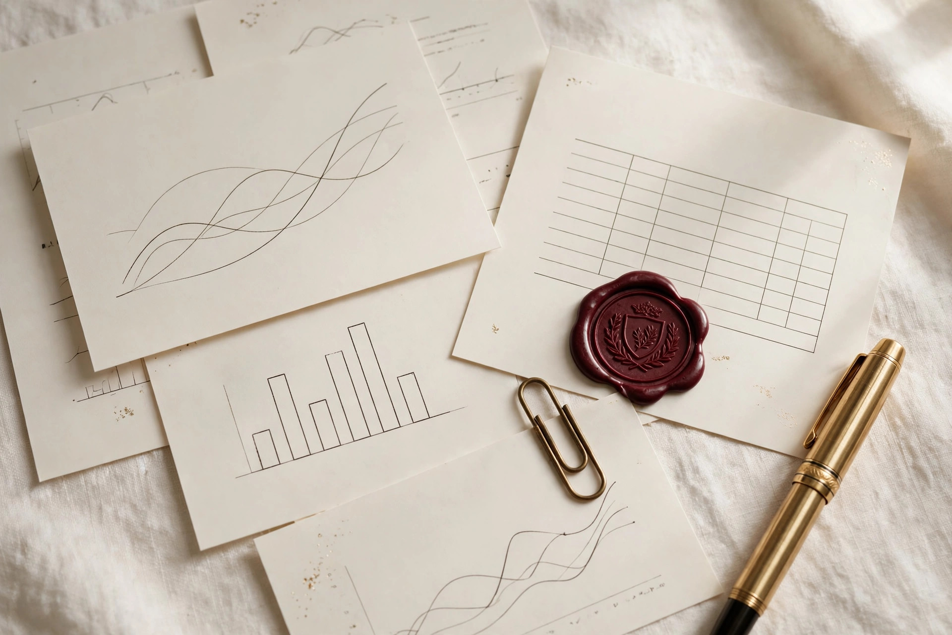 Fine printed report pages with wax seal and fountain pen