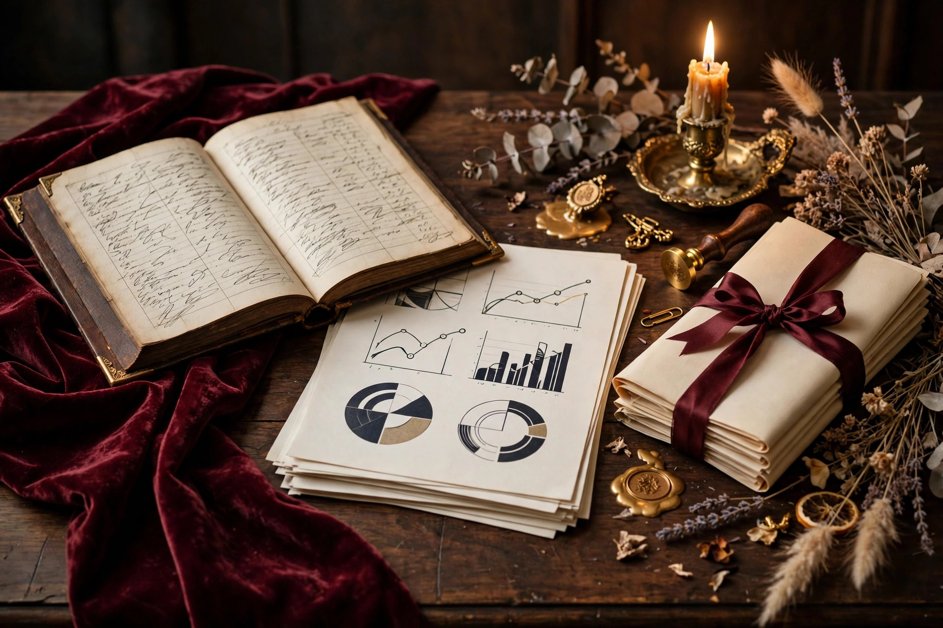 Open ledger, fine printed reports and ribbon-tied folders arranged on a candlelit desk