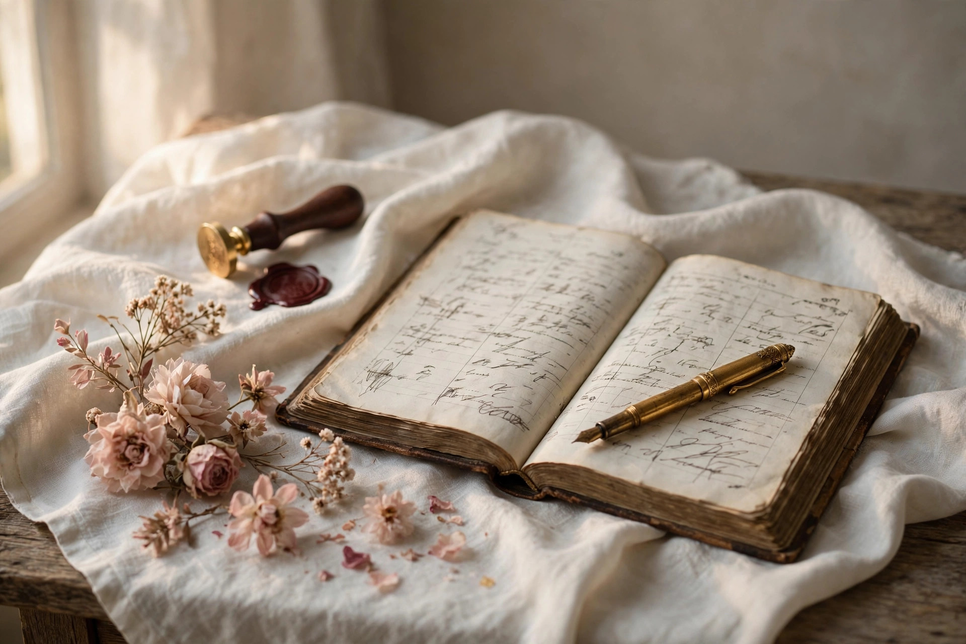 Ledger, fountain pen, wax seal and dried flowers in soft window light